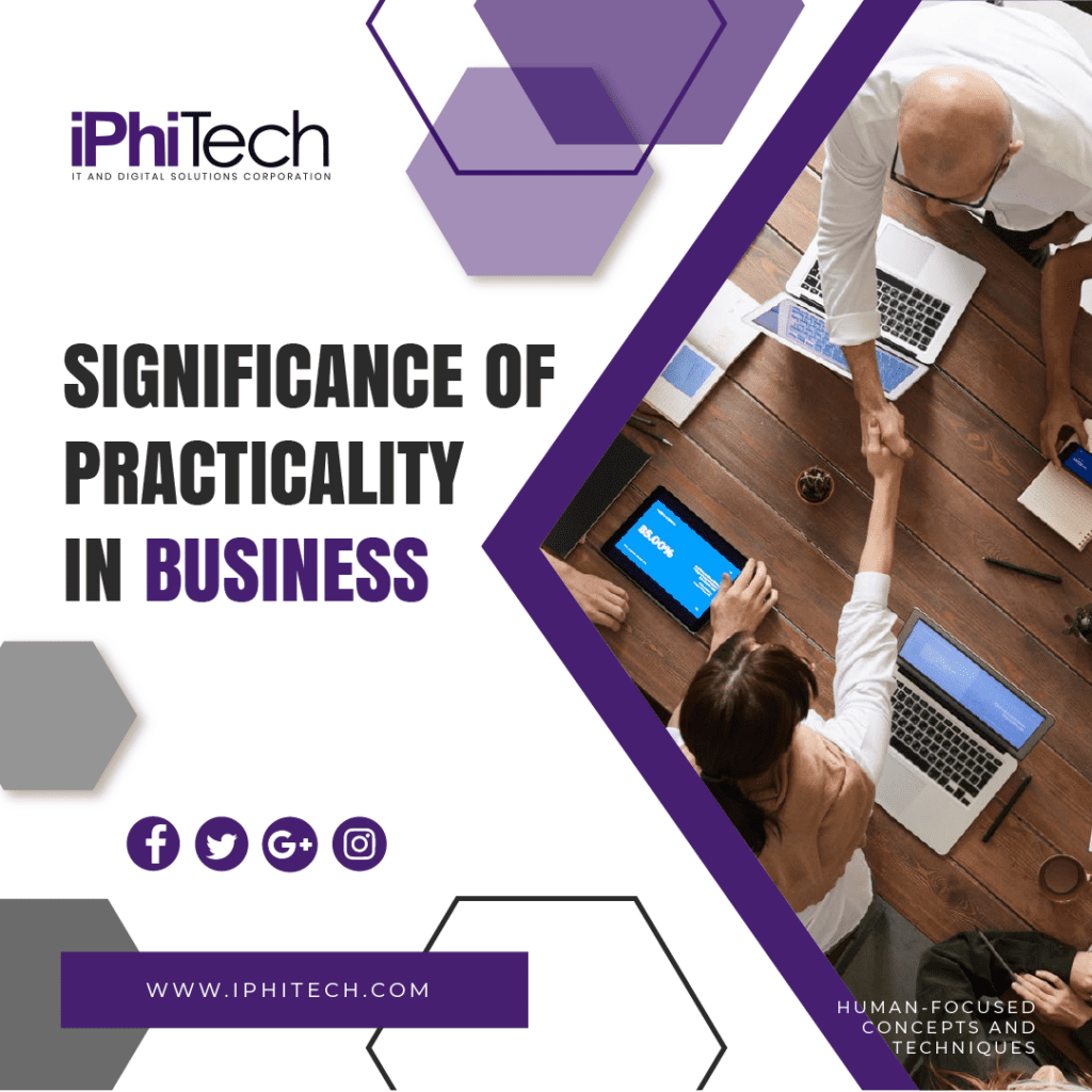 Illustration of two individuals shaking hands, with different devices on the table and iPhiTech logo. Text reads 'Significance of Practicality in Business', and social media icons like facebook, instagram, twitter and google+