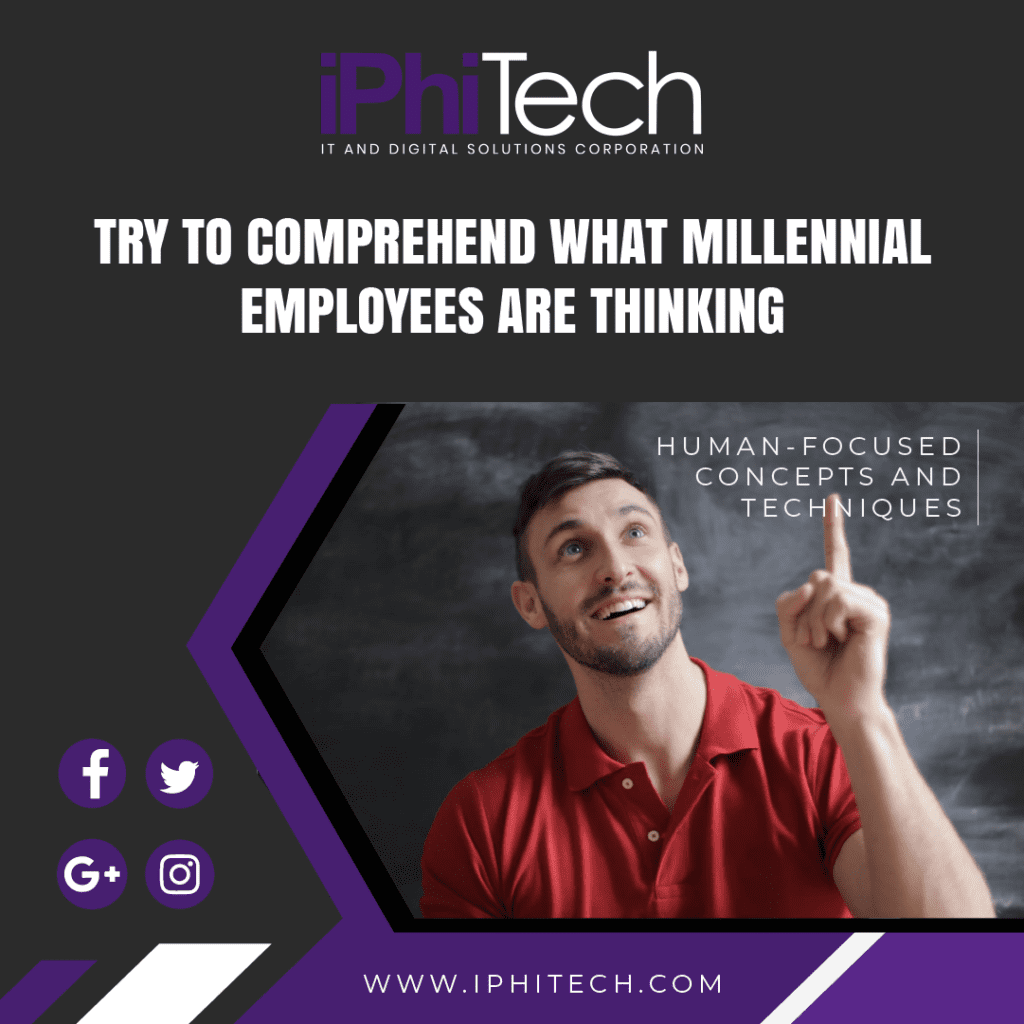 A man wearing a red shirt, pointing his finger upwards, with text overlay reading 'Try to Comprehend What Millennial Employees are Thinking', and iPhiTech website address, icons of facebook, instagram and google+