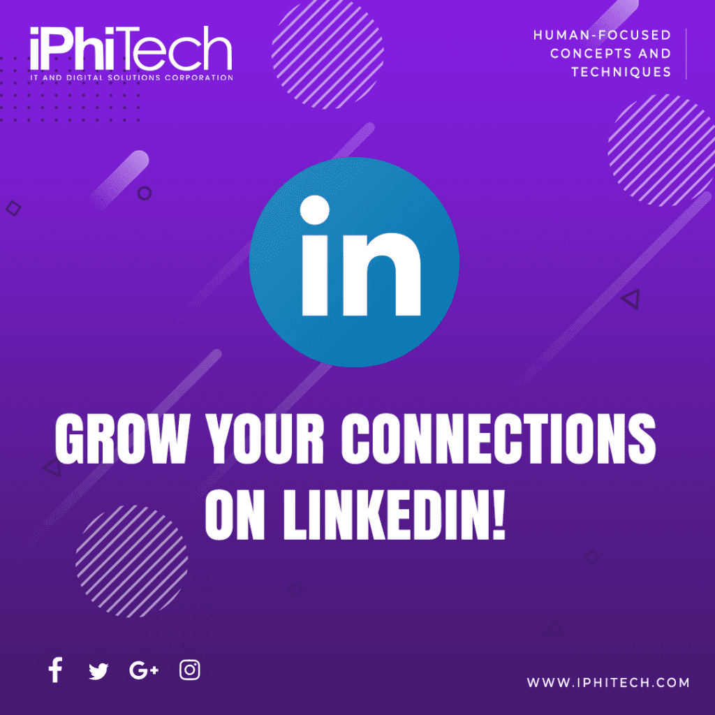 Illustration featuring the LinkedIn logo and the headline 'Grow Your Connections on LinkedIn' with the iPhiTech logo, website address, and social media icons for Facebook, Twitter, Google+, and Instagram