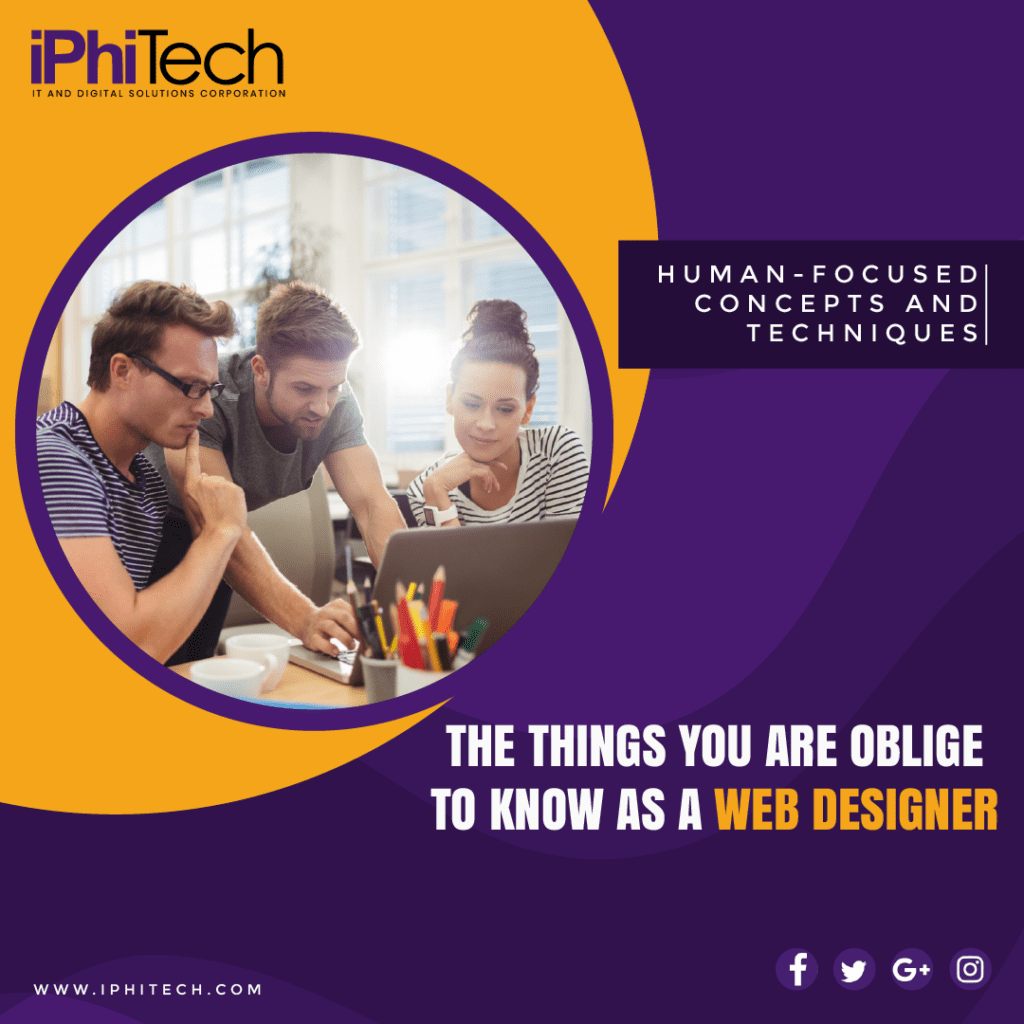 llustration of a team discussion in front of a laptop, featuring text about web designer and human-focused concepts and techniques, with the logo of iPhiTech IT and Digital Solutions Corporation.