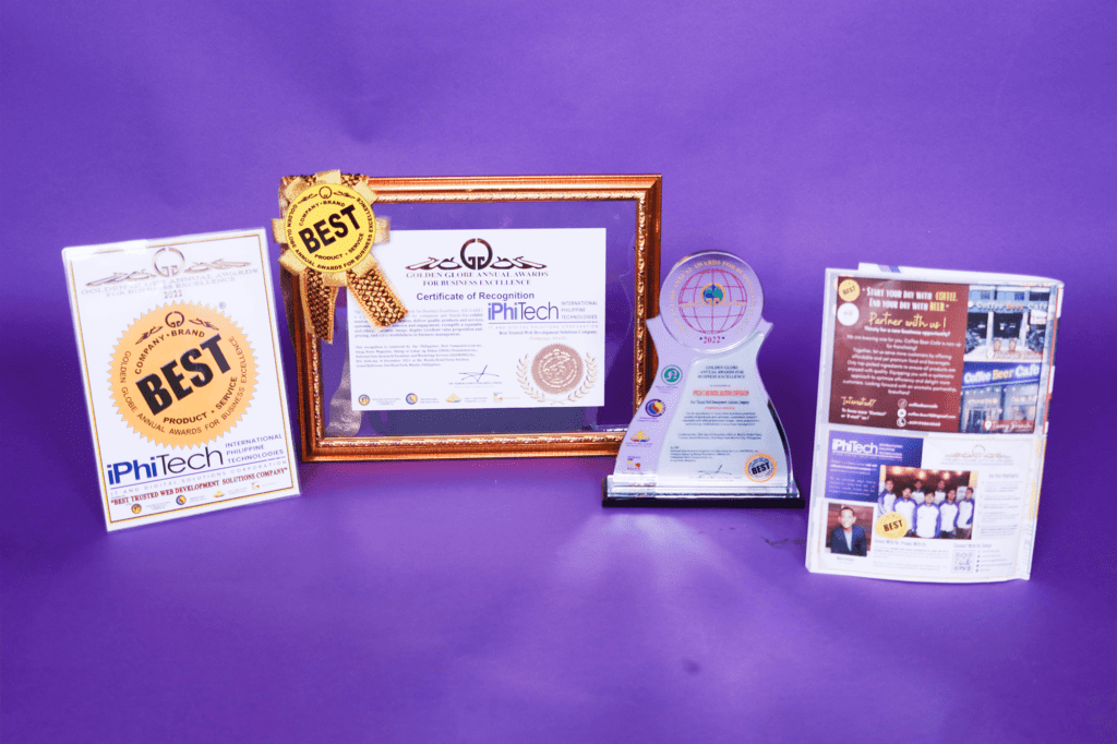certificate of recognition, trophy and a brochure from Golden Globe Awards for Business Excellence awarded to iPhiTech IT and Digital Solutions in a purple background